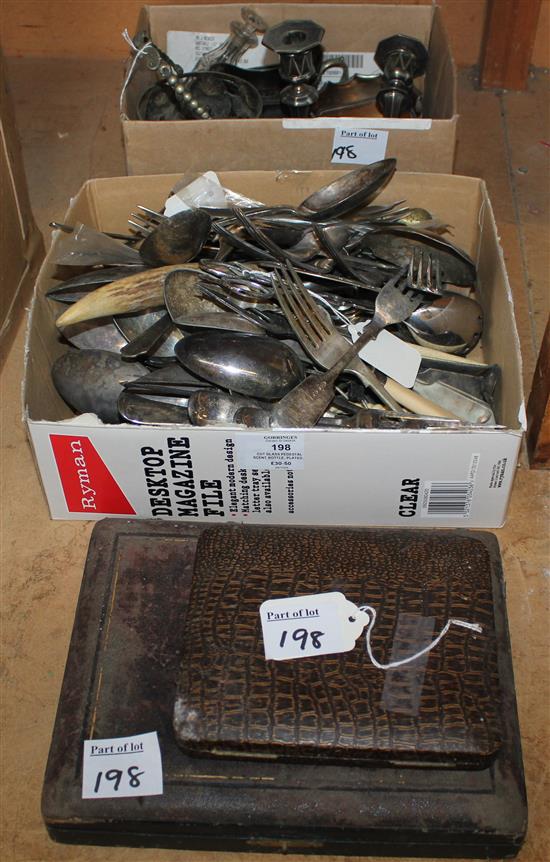 Cut glass pedestal scent bottle, plated sugar bowl stand, pr candlesticks, cased fish eaters & cake forks & misc plated flatware (Q)
